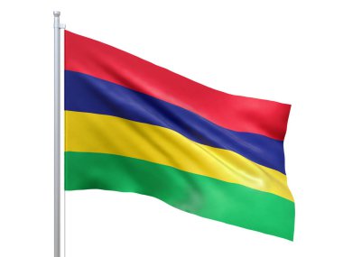 Mauritius bayrağı beyaz arka planda dalgalanıyor, yakın çekim, izole edilmiş. 3d hazırlayıcı