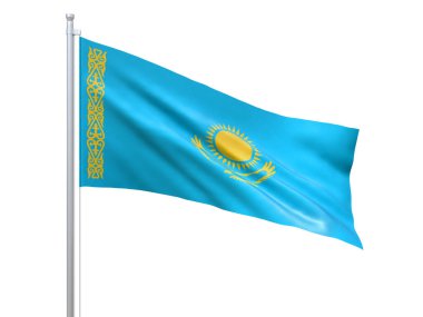 Beyaz arka planda dalgalanan Kazakistan bayrağı, yakın çekim, izole. 3d hazırlayıcı
