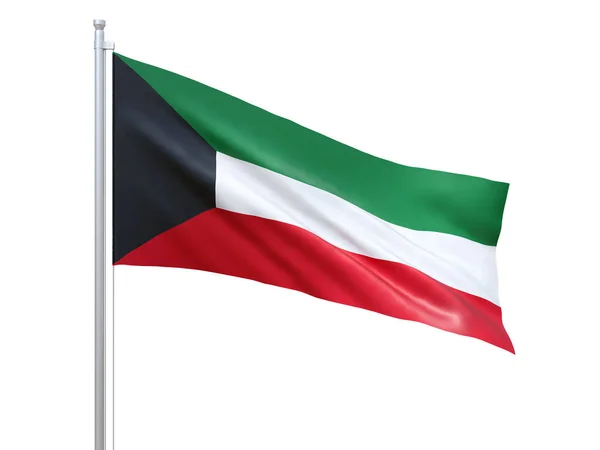 Прапор Кувейту розмахує на білому тлі, зблизька, ізольовано. 3d рендеринг — стокове фото