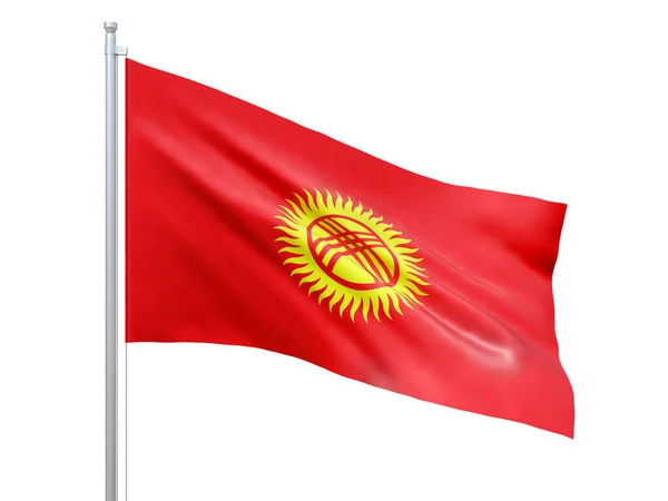 Bandeira do Quirguistão acenando sobre fundo branco, de perto, isolada. Renderização 3D — Fotografia de Stock
