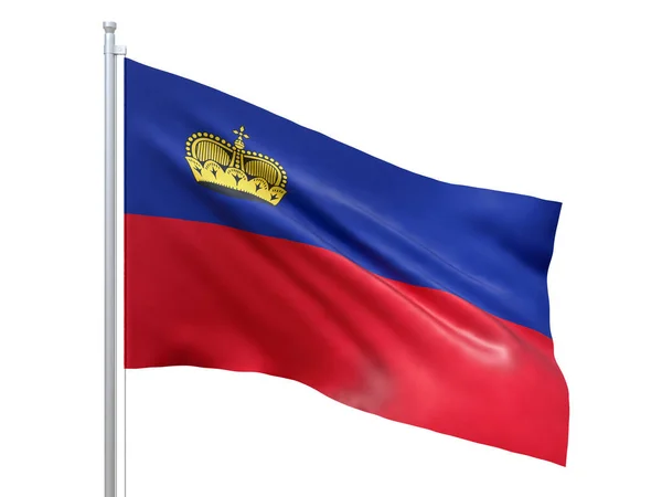 Bandeira do Liechtenstein acenando em fundo branco, de perto, isolada. Renderização 3D — Fotografia de Stock