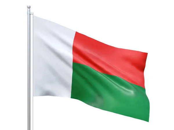 Прапор Мадагаскару розмахує білим фоном, зблизька, ізольовано. 3d рендеринг — стокове фото