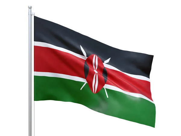 Kenya bayrağı beyaz arka planda dalgalanıyor, yakın çekim, izole edilmiş. 3d hazırlayıcı — Stok fotoğraf