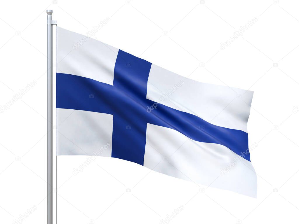 Finland flag waving on white background, close up, isolated. 3D render