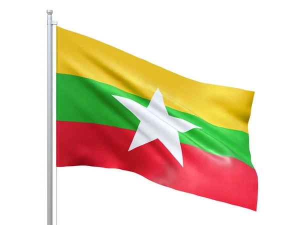Beyaz arka planda dalgalanan Myanmar bayrağı, yakın çekim, izole. 3d hazırlayıcı — Stok fotoğraf