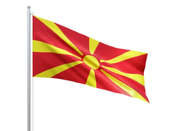 Флаг Северной Македонии машет на белом фоне, крупным планом, изолирован. 3D рендеринг — стоковое фото