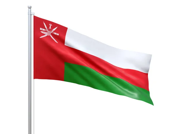Прапор Омана розмахує білим фоном, зблизька, ізольовано. 3d рендеринг — стокове фото