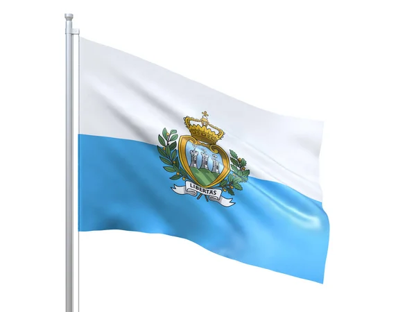 Bandeira de San Marino acenando em fundo branco, de perto, isolada. Renderização 3D — Fotografia de Stock