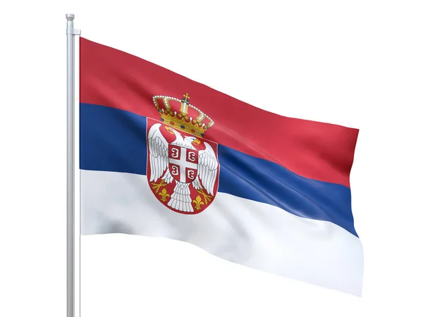 Bandiera serba sventolata su sfondo bianco, da vicino, isolata. Rendering 3D — Foto Stock