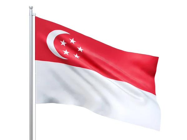 Bandeira de Singapura acenando sobre fundo branco, de perto, isolada. Renderização 3D — Fotografia de Stock