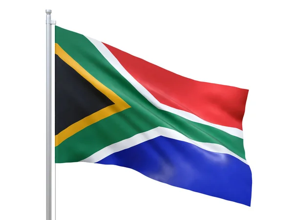 Beyaz arka planda dalgalanan Güney Afrika bayrağı, yakın çekim, izole. 3d hazırlayıcı — Stok fotoğraf