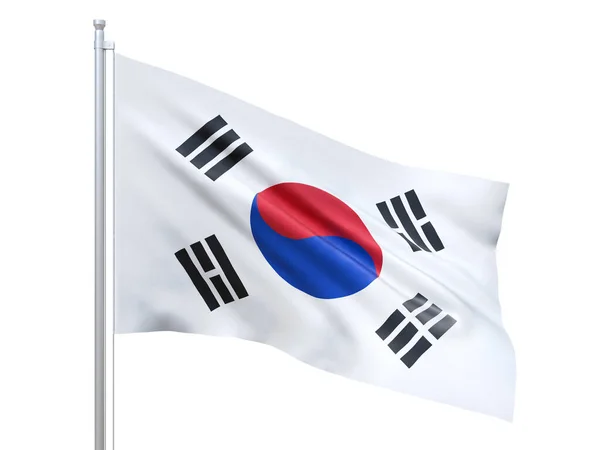 Bandeira da Coreia do Sul acenando em fundo branco, de perto, isolada. Renderização 3D — Fotografia de Stock