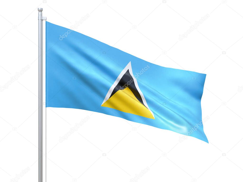 Saint Lucia flag waving on white background, close up, isolated. 3D render