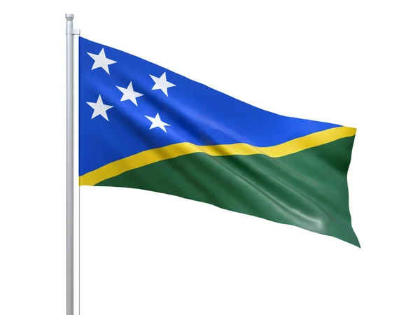 Bandera de las Islas Salomón ondeando sobre fondo blanco, de cerca, aislada. Renderizado 3D — Foto de Stock
