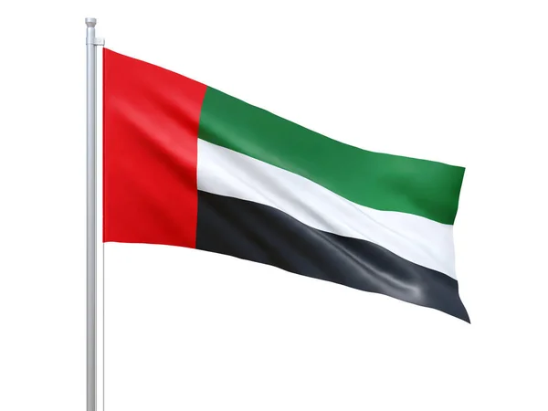 Bandera de los Emiratos Árabes Unidos ondeando sobre fondo blanco, de cerca, aislada. Renderizado 3D Imagen de stock