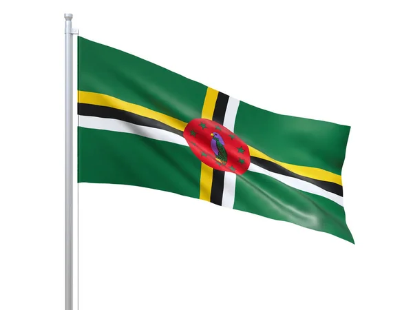 Bandiera Dominica sventolata su sfondo bianco, da vicino, isolata. Rendering 3D — Foto Stock