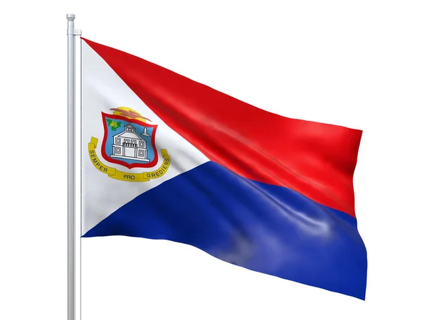 Beyaz arka planda dalgalanan Sint Maarten bayrağı, yakın çekim, izole. 3d hazırlayıcı — Stok fotoğraf