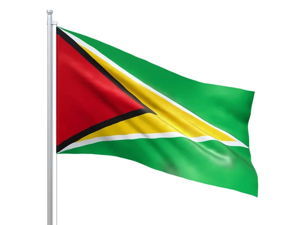 Guyana vlag zwaaiend op witte achtergrond, van dichtbij, geïsoleerd. 3d renderen — Stockfoto