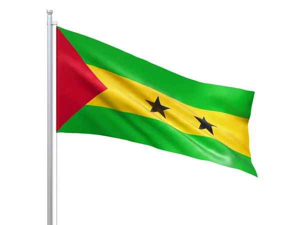 Bandera de Santo Tomé y Príncipe ondeando sobre fondo blanco, de cerca, aislada. Renderizado 3D —  Fotos de Stock