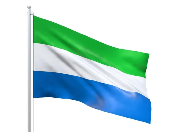 Прапор Сьєрра-Леоне махає білим фоном, зблизька, ізольовано. 3d рендеринг — стокове фото