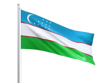 Özbekistan bayrağı beyaz arka planda dalgalanıyor, yakın plan, izole. 3d hazırlayıcı