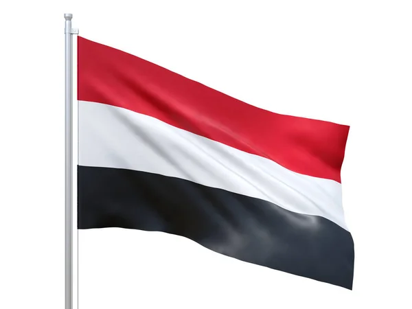 Σημαία Υεμένης κυματίζει σε λευκό φόντο, κοντά, απομονωμένη. 3d απόδοση — Φωτογραφία Αρχείου
