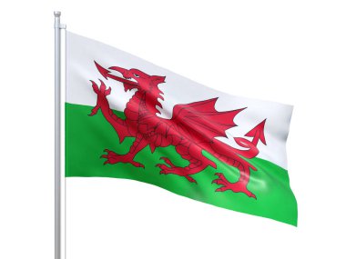 Beyaz arka planda dalgalanan Galler bayrağı, yakın çekim, izole. 3d hazırlayıcı