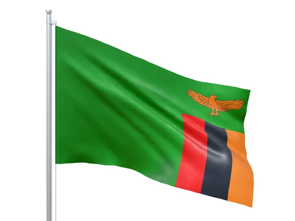 Zambiya bayrağı beyaz arka planda dalgalanıyor, yakın çekim, izole edilmiş. 3d hazırlayıcı — Stok fotoğraf