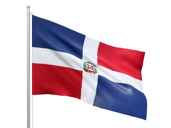 Bandeira da República Dominicana acenando em fundo branco, de perto, isolado. Renderização 3D — Fotografia de Stock