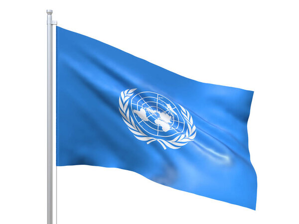 UN (United Nations) flag waving on white background, close up, isolated. 3D render