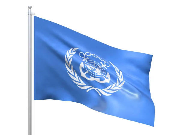 Flaga Imo (Międzynarodowa Organizacja Morska) machająca na białym tle, zbliżenie, izolacja. 3d renderowanie — Zdjęcie stockowe