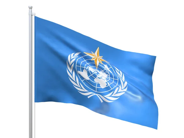 Flaga Wmo (Światowa Organizacja Meteorologiczna) machająca na białym tle, z bliska, odizolowana. 3d renderowanie — Zdjęcie stockowe