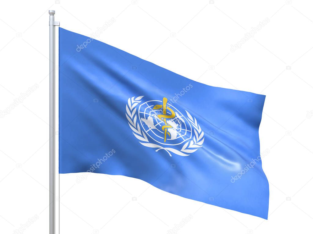 WHO (World Health Organization) flag waving on white background, close up, isolated. 3D render