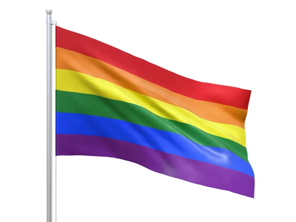 Bandera del arco iris (movimiento LGBT, orgullo gay) ondeando sobre fondo blanco, de cerca, aislada. Renderizado 3D — Foto de Stock