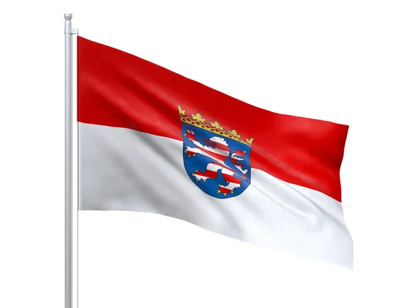 Assia (Stato di Germania) bandiera sventola su sfondo bianco, da vicino, isolato. Rendering 3D — Foto Stock