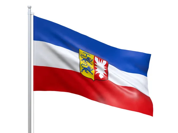 Schleswig Holstein (Almanya eyaleti) beyaz arka planda dalgalanan bayrak, yakın çekim, izole. 3d hazırlayıcı