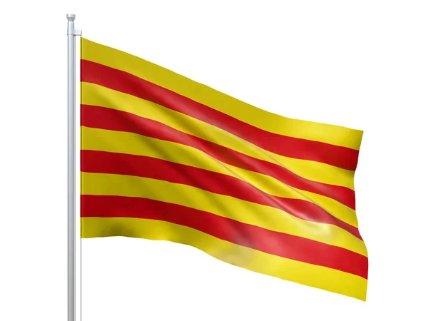 Bandera de Cataluña (comunidad autónoma en España) ondeando sobre fondo blanco, de cerca, aislada. Renderizado 3D — Foto de Stock