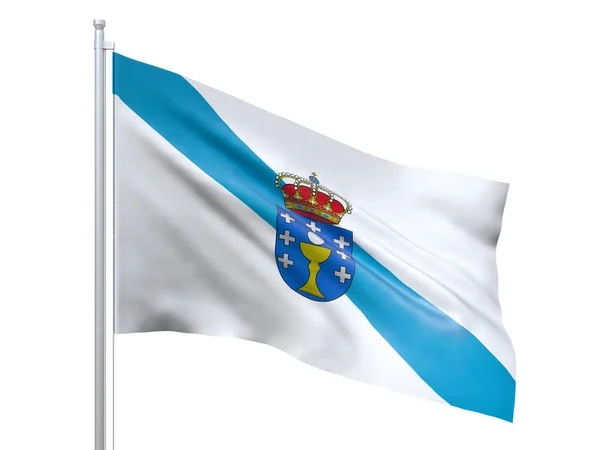 Galiza (comunidade autônoma na Espanha) bandeira acenando sobre fundo branco, de perto, isolado. Renderização 3D — Fotografia de Stock