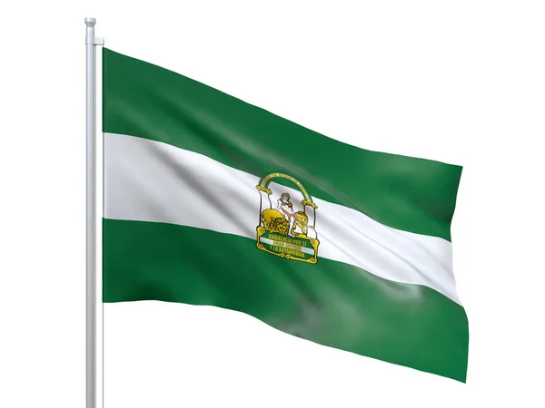 Andalusia (comunità autonoma in Spagna) bandiera sventola su sfondo bianco, da vicino, isolato. Rendering 3D — Foto Stock