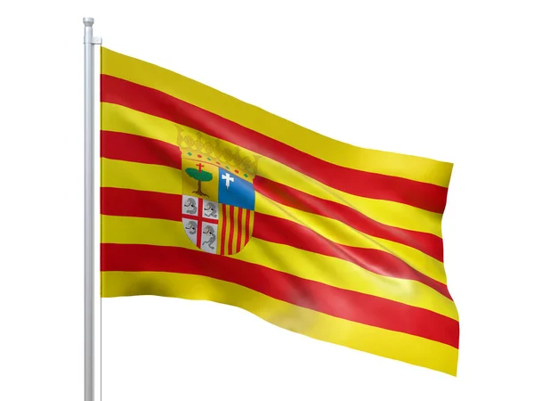 Bandera de Aragón (comunidad autónoma en España) ondeando sobre fondo blanco, de cerca, aislada. Renderizado 3D — Foto de Stock