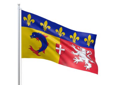 Beyaz arka planda dalgalanan Rhone-Alpes (Fransa Bölgesi) bayrağı, yakın plan, izole. 3d hazırlayıcı