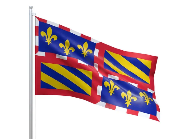 Bandera de Bourgogne (Región de Francia) ondeando sobre fondo blanco, de cerca, aislada. Renderizado 3D —  Fotos de Stock