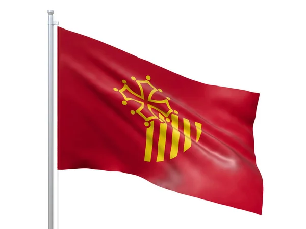 Languedoc-Rosellón (Región de Francia) bandera ondeando sobre fondo blanco, de cerca, aislado. Renderizado 3D — Foto de Stock