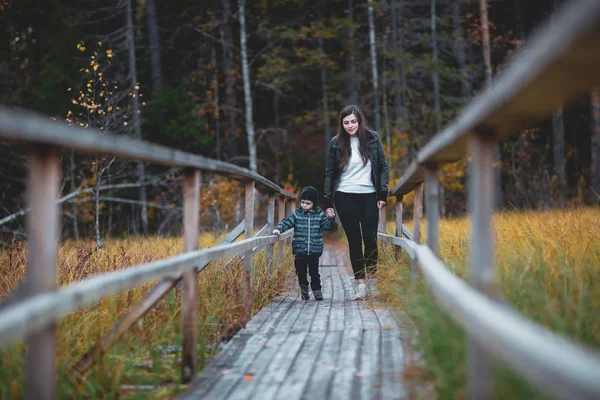 Мальчик Матерью Прогуливаются Лесу Деревянной Дорожке — стоковое фото