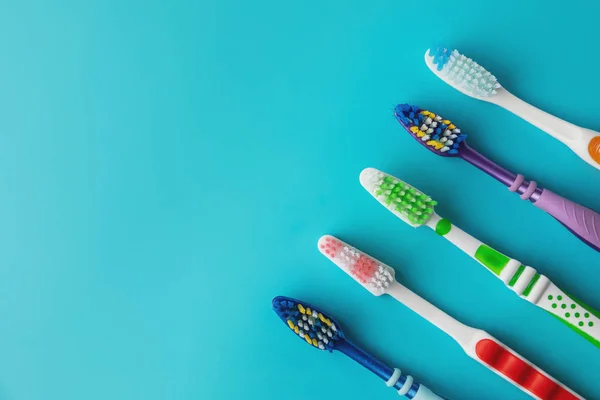 Family Toothbrushes Blue Background Copyspace Space Text — Stock Photo, Image