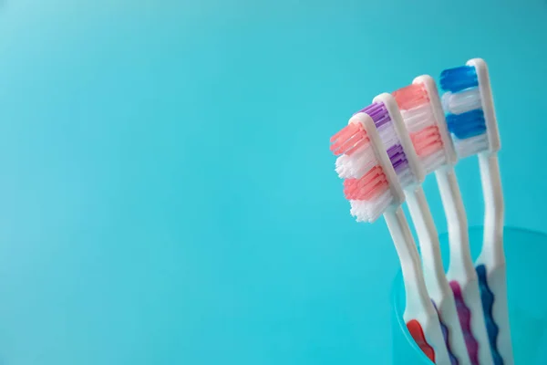 Family Toothbrushes Blue Background Space Text — Stock Photo, Image