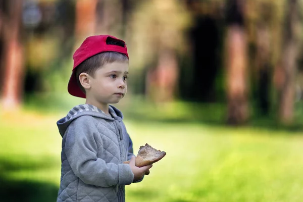 Chleba v ruce dítěte. Chlapec v doménové struktuře uchovává potraviny v ruce — Stock fotografie