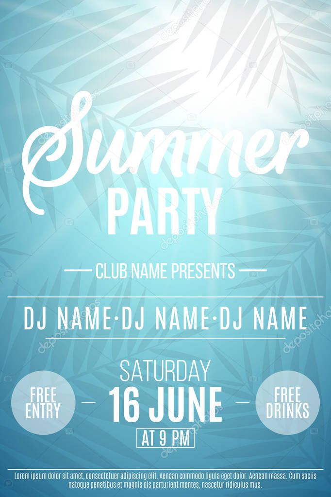 Poster for Summer Party. Background with palm trees. The names of the club and DJ. Summer disco flyer. Vector illustration. EPS 10