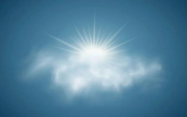 Realistische Sonne Mit Wolken Sonnenlicht Sonnenstrahlen Transparente Wolken Vektorillustration Sommerzeit — Stockvektor