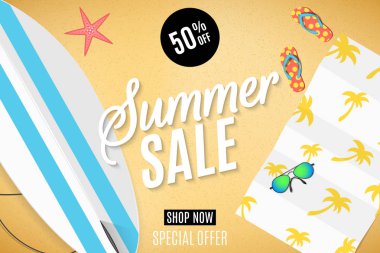 Yaz satış banner web için. Plaj, güneş gözlüğü, havlu ve flip flop üzerinde sörf tahtası. Yaz şeyler ve aksesuarlar, açık rekreasyon kümesi. Büyük indirimler. Vektör çizim. EPS 10